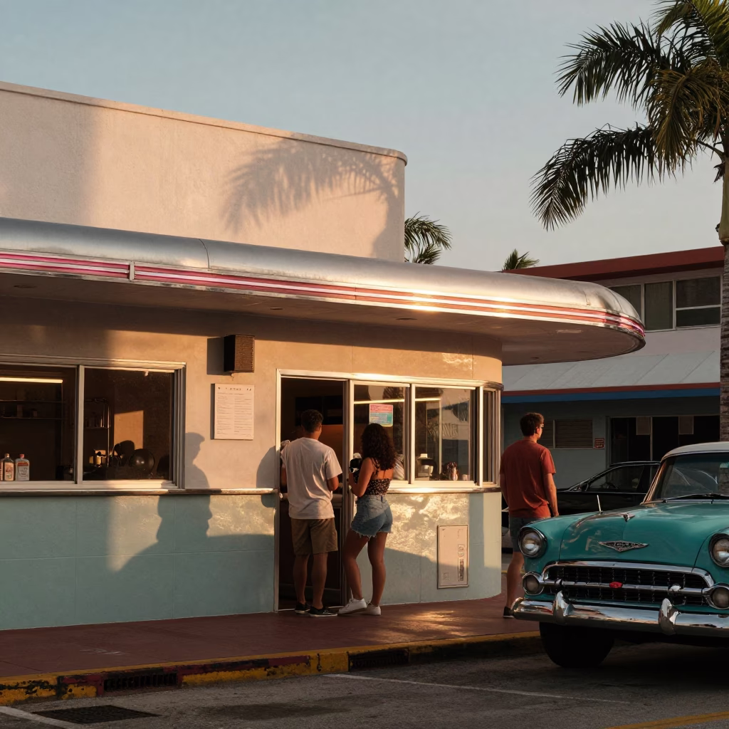 Vintage 1950s Miami Sunset Street Scene with Retro Kitchen Stool and Rusty Doorframe Details in in Miami, Florida, United States