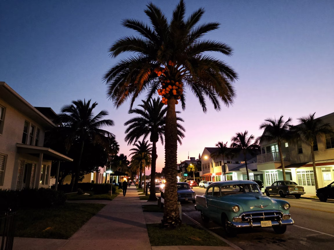 Vintage 1950s Miami Twilight Street Scene with Palm Trees and Classic Cars in in Miami, Florida, United States