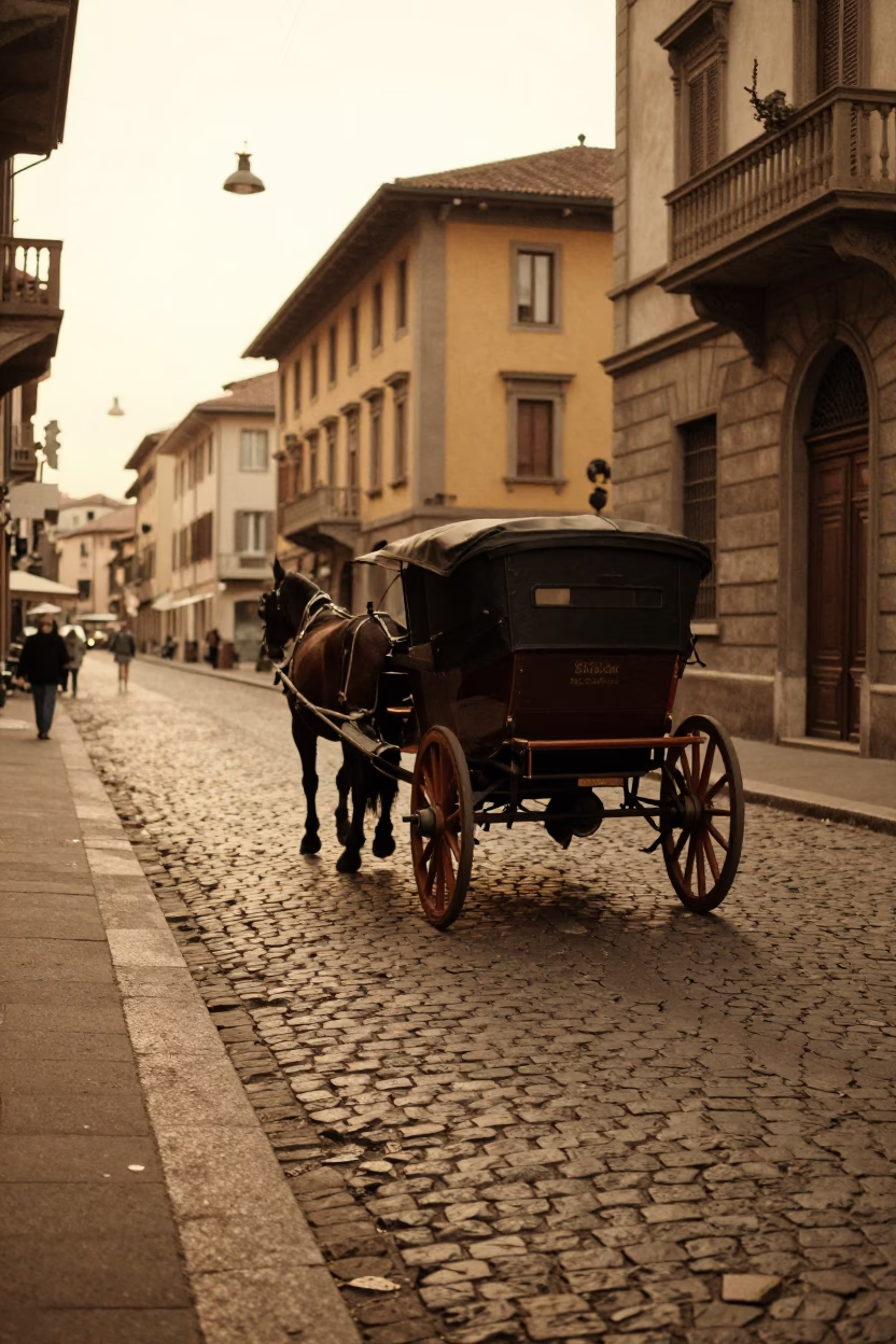 Vintage 1950s Milan Evening Street Scene with Horse-Drawn Cart on Cobblestones in in Milan, Italy