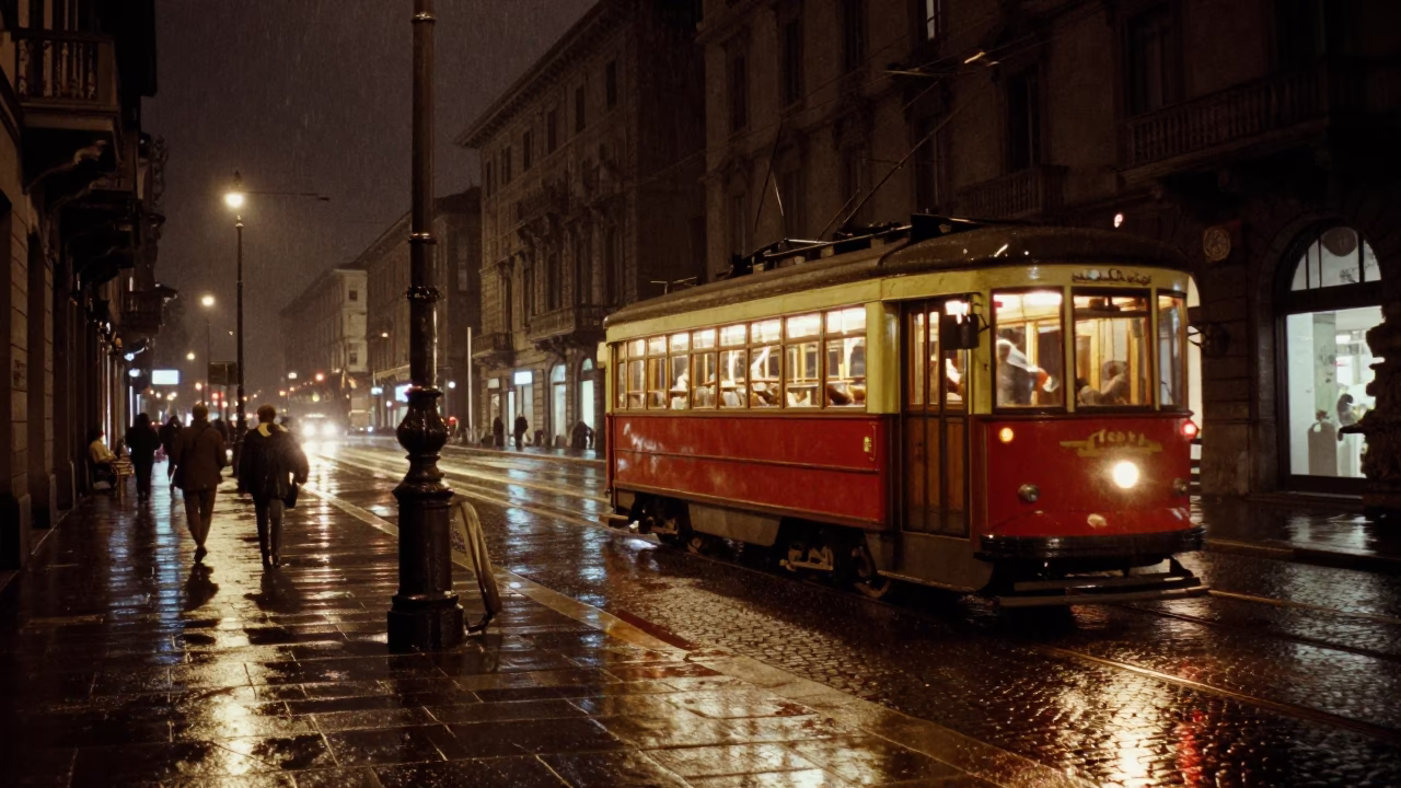 Vintage 1950s Milan Night Street Scene with Heritage Tram and Steam Haze in in Milan, Italy