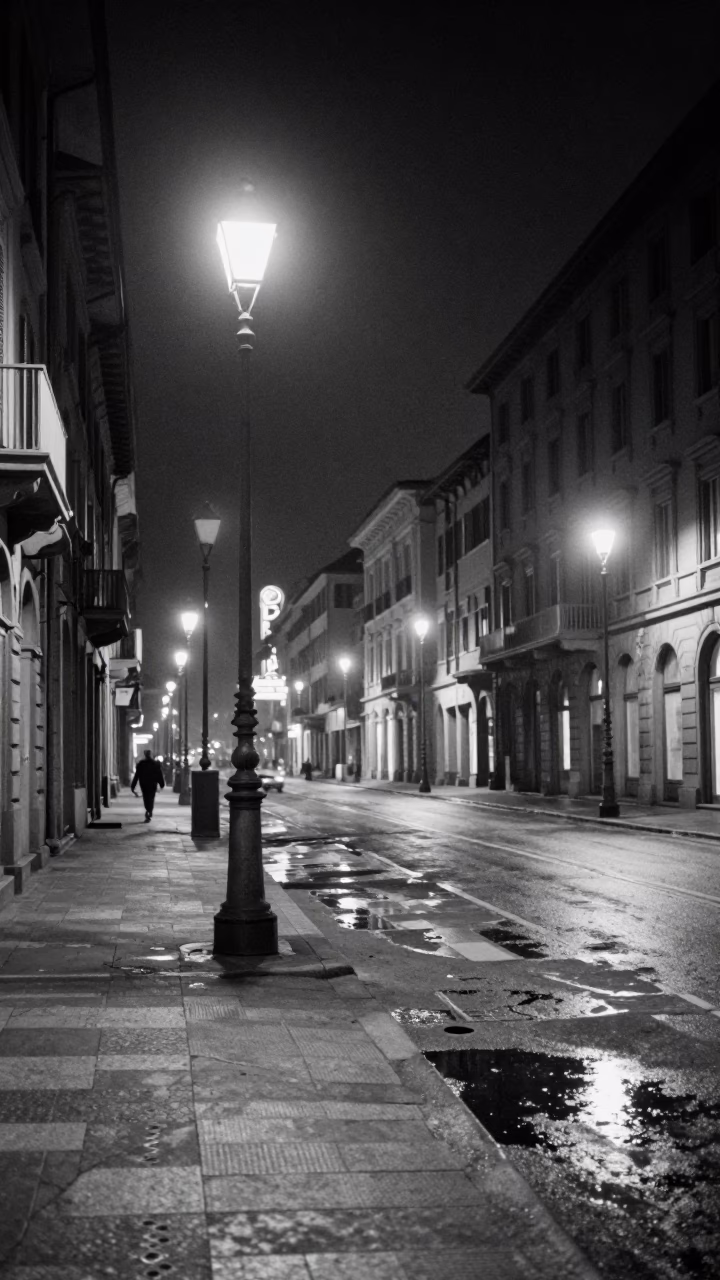 Vintage 1950s Milan Night Street Scene with Neon Reflections and Classic Automobiles in in Milan, Italy