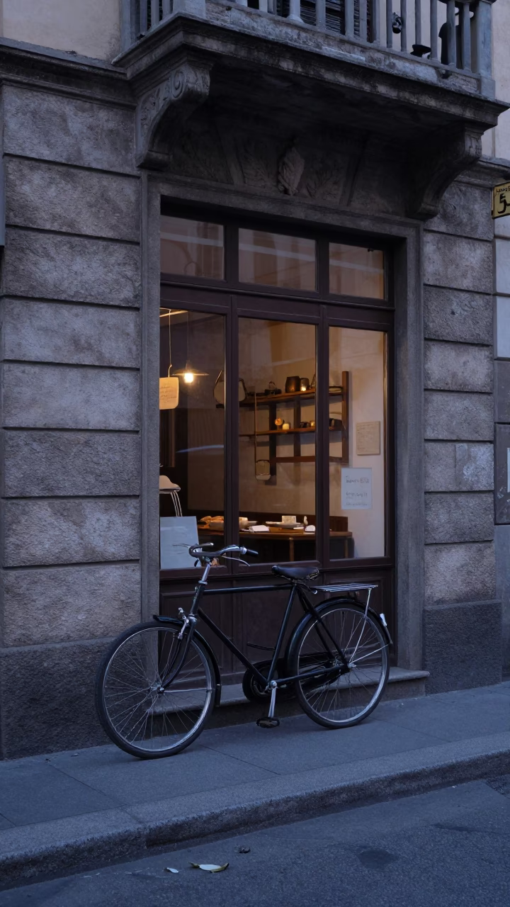 Vintage 1950s Milan Street Scene with Bicycle and Bakery at Dawn in in Milan, Italy