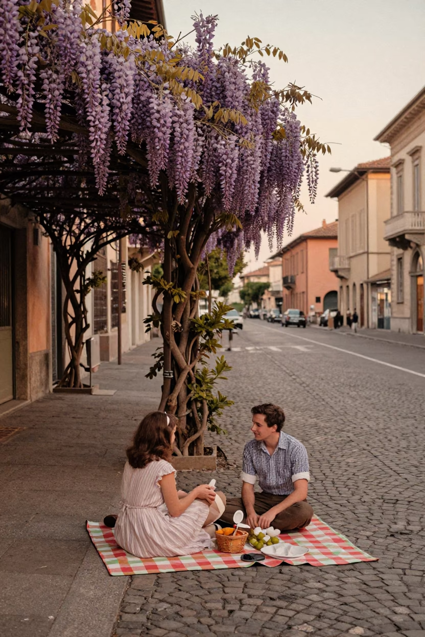 Vintage 1950s Milan Street Scene with Wisteria and Picnic in Honeyed Evening Light in in Milan, Italy