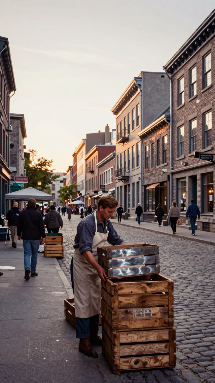 Vintage 1950s Montreal Dawn Street Scene with Brushed Steel Handle and Painted Crate in in Montreal, Quebec, Canada