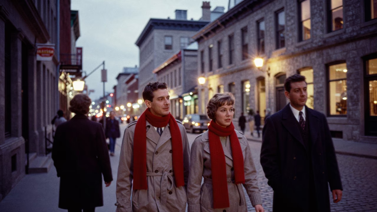 Vintage 1950s Montreal Evening Street Scene with Wool Scarves and City Lights in in Montreal, Quebec, Canada