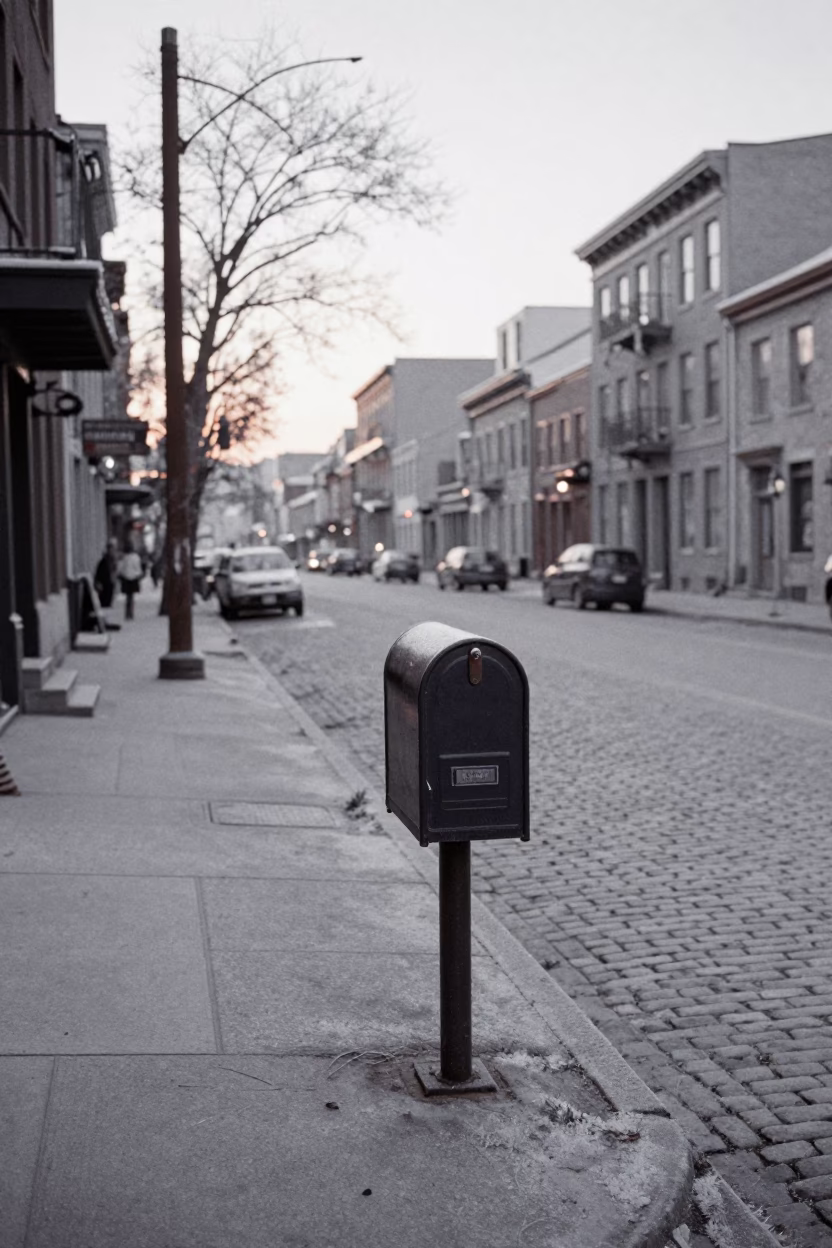 Vintage 1950s Montreal Street Scene at Dawn with Frost and Mailbox in in Montreal, Quebec, Canada