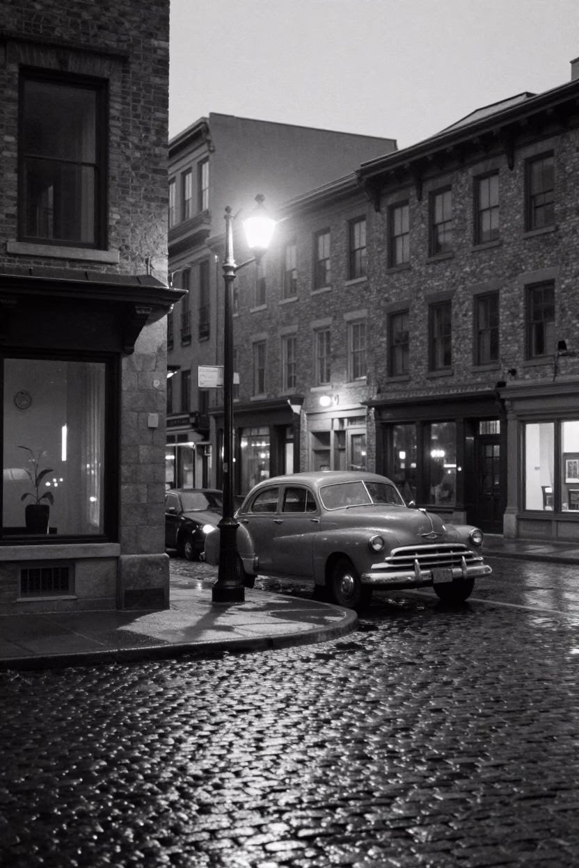 Vintage 1950s Montreal Street Scene at Predawn with Glass Jar and Window Light in in Montreal, Quebec, Canada