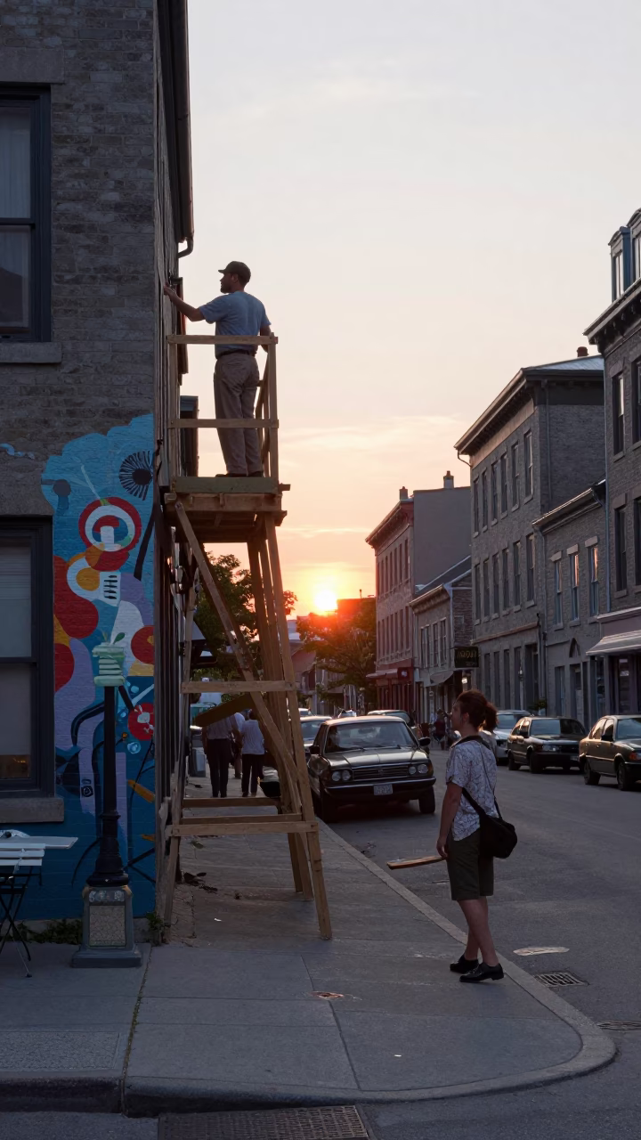 Vintage 1950s Montreal Street Scene at Sunset with Muralist Scaffold and Ivy Vines in in Montreal, Quebec, Canada
