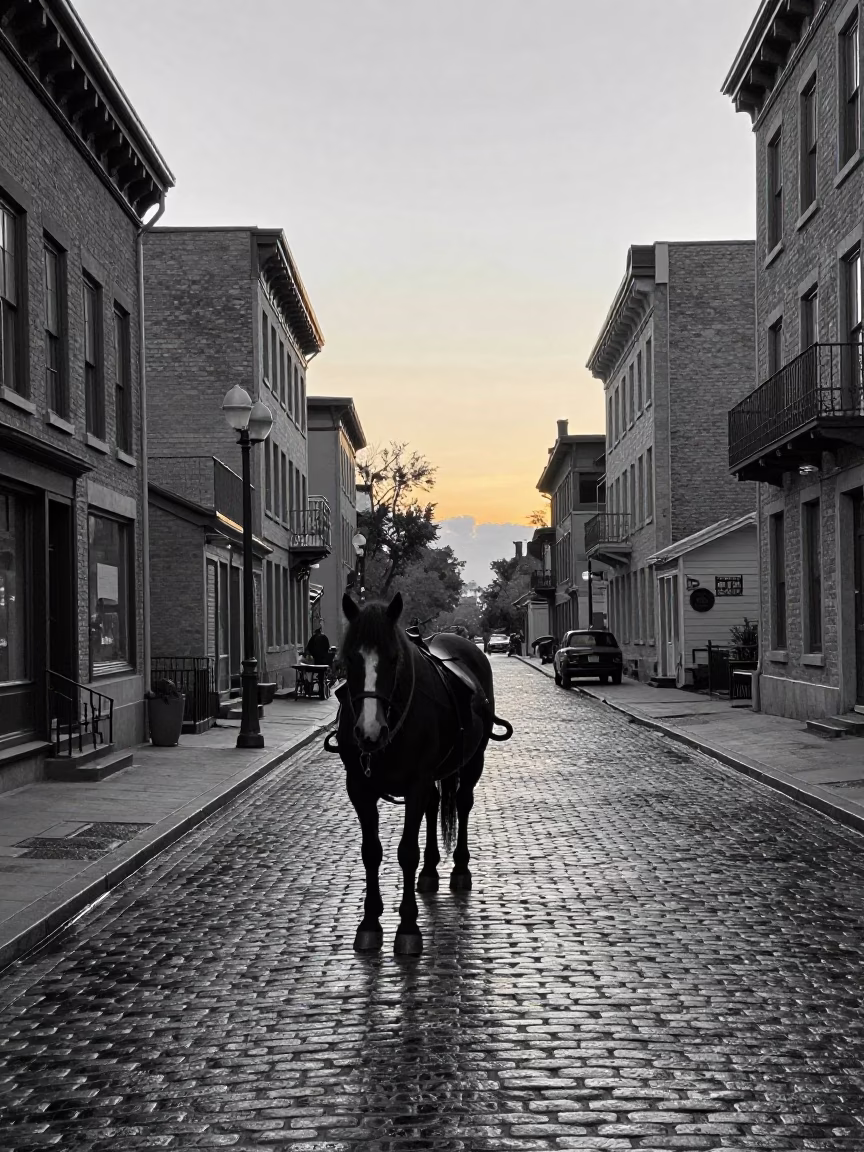 Vintage 1950s Montreal Street Scene Before Dawn with Horse Cart and Cobblestones in in Montreal, Quebec, Canada