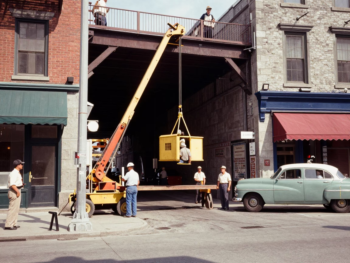 Vintage 1950s Montreal Street Scene with Bridge Maintenance Cradle Over River in in Montreal, Quebec, Canada