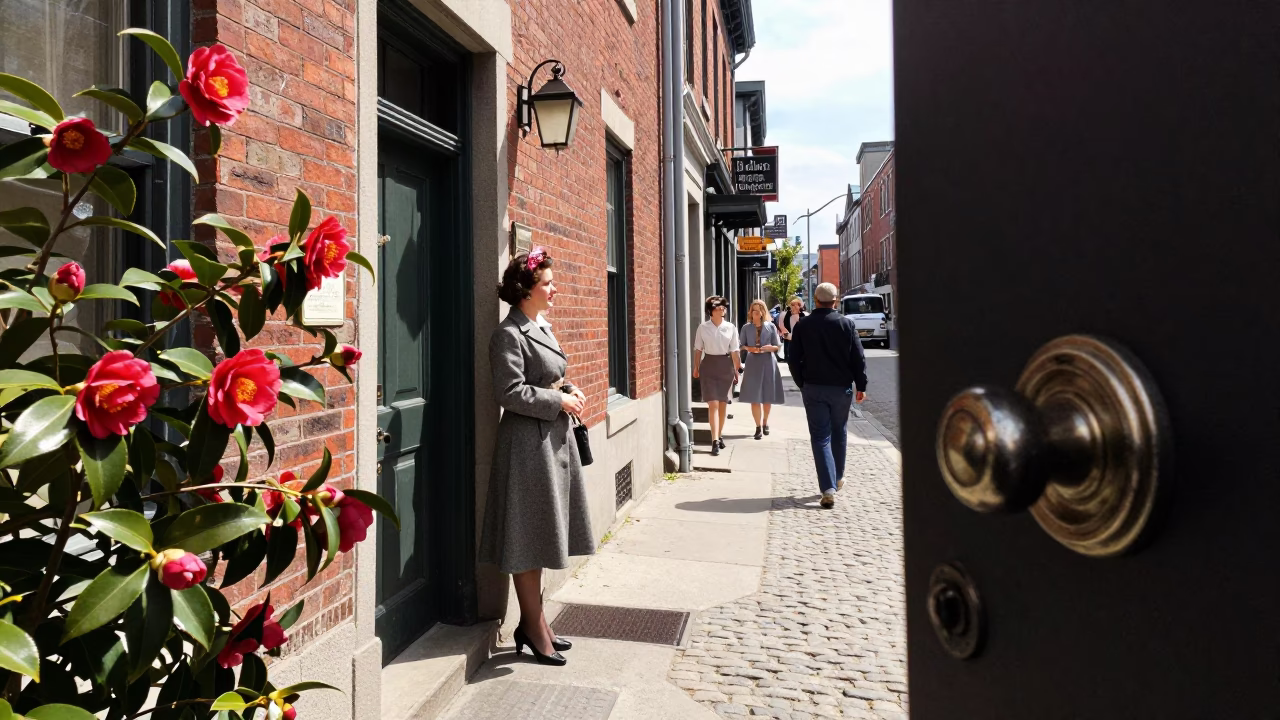 Vintage 1950s Montreal Street Scene with Camellia and Doorknob Detail in in Montreal, Quebec, Canada
