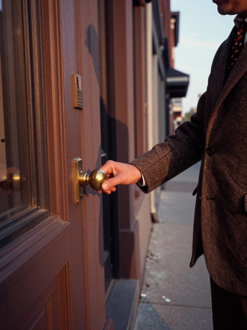 Vintage 1950s Montreal Street Scene with Doorknob Detail and Sunset Light in in Montreal, Quebec, Canada
