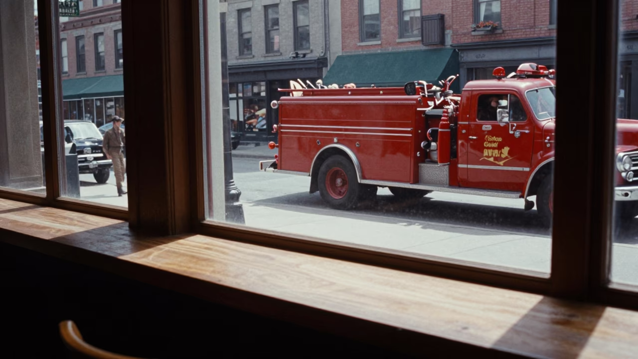 Vintage 1950s Montreal Street Scene with Fire Engine and Sunlight on Counter in in Montreal, Quebec, Canada