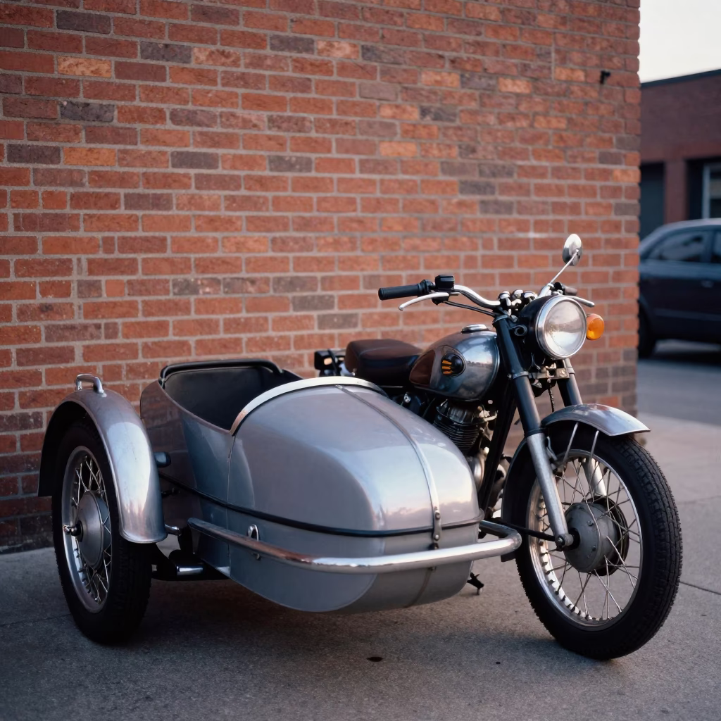 Vintage 1950s Motorcycle with Sidecar Parked on Nashville Tennessee Early Morning Street in in Nashville, Tennessee, United States