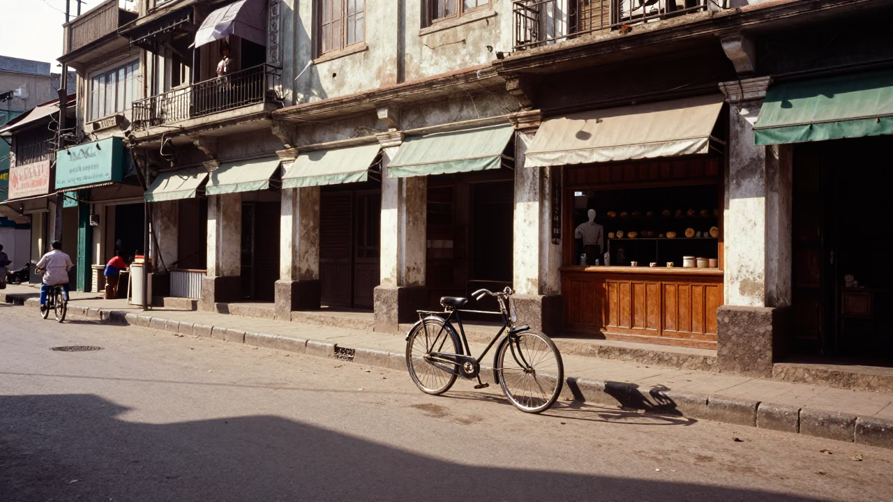 Vintage 1950s Mumbai Street Scene with Bicycle and Bakery Frontage in in Mumbai, India