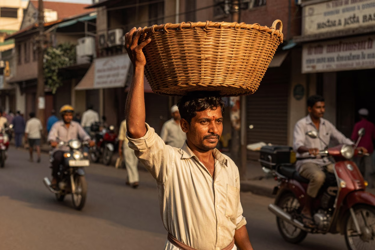 Vintage 1950s Mumbai Street Scene with Wicker Basket in Honeyed Evening Light in in Mumbai, India