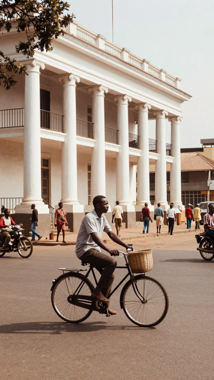Vintage 1950s Nairobi Street Scene with Cyclist and Bicycle Basket in Late Morning Light in in Nairobi, Kenya