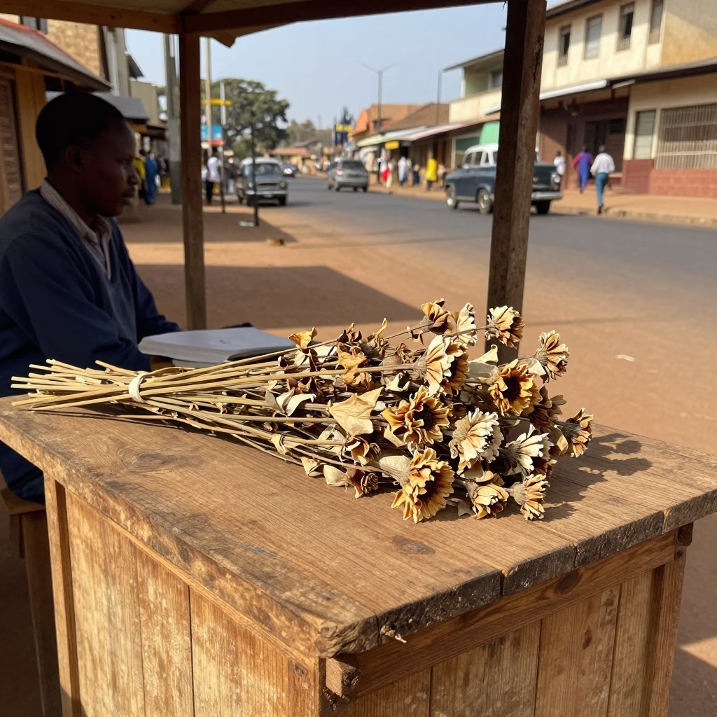 Vintage 1950s Nairobi Street Scene with Dried Flowers and Glass Bottle on Wooden Stall in in Nairobi, Kenya