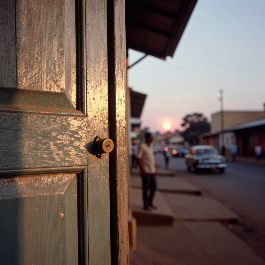 Vintage 1950s Nairobi Street Scene with Latch Detail and Evening Light in in Nairobi, Kenya