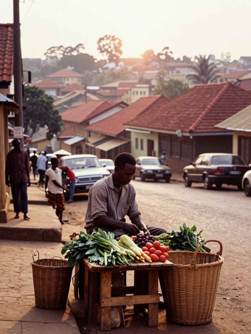 Vintage 1950s Nairobi Street Scene with Wicker Basket and Key Blank at Sunrise in in Nairobi, Kenya