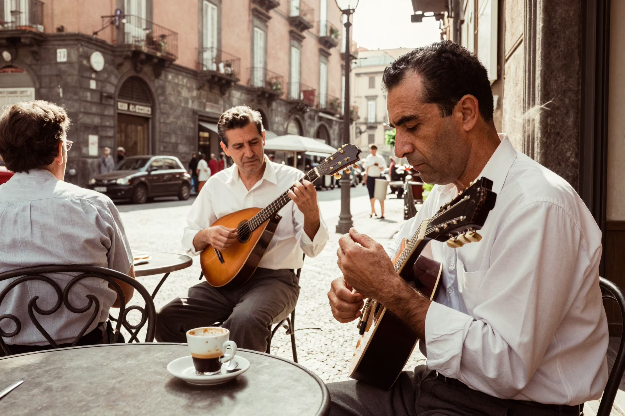 Vintage 1950s Naples Street Scene with Mandolin Player and Local Cafe Culture in in Naples, Italy