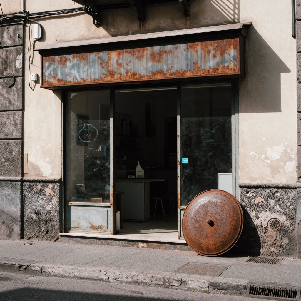 Vintage 1950s Naples Street Scene with Rusty Pot Lid and Brass Latch Detail in in Naples, Italy