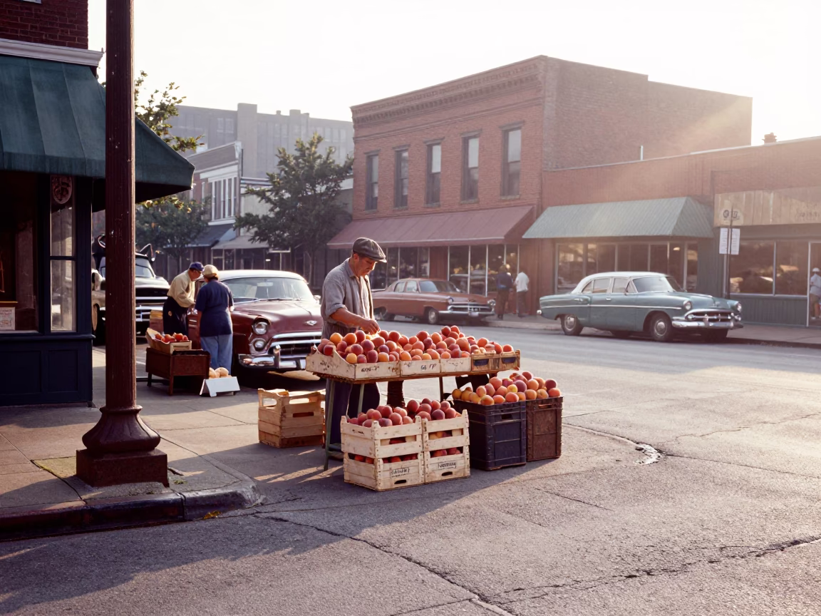 Vintage 1950s Nashville Street Scene Morning Light and Local Commerce in in Nashville, Tennessee, United States
