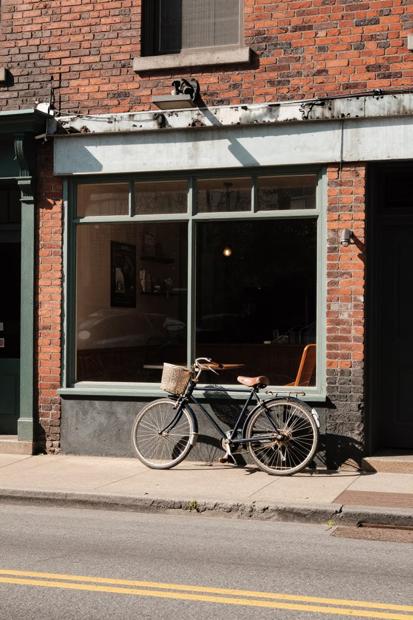 Vintage 1950s Nashville Street Scene with Bicycle Leaning Against Cafe Exterior at Midday in in Nashville, Tennessee, United States