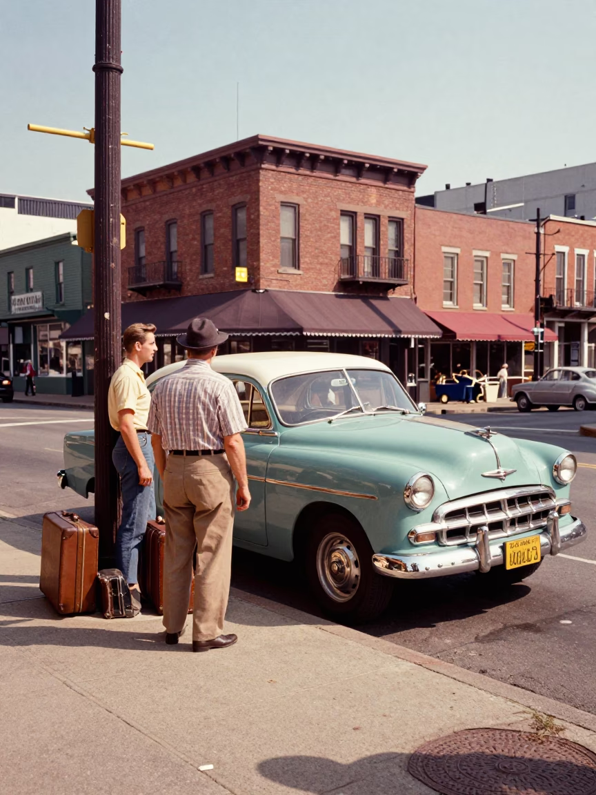 Vintage 1950s Nashville Street Scene with Travelers and Suitcases in in Nashville, Tennessee, United States