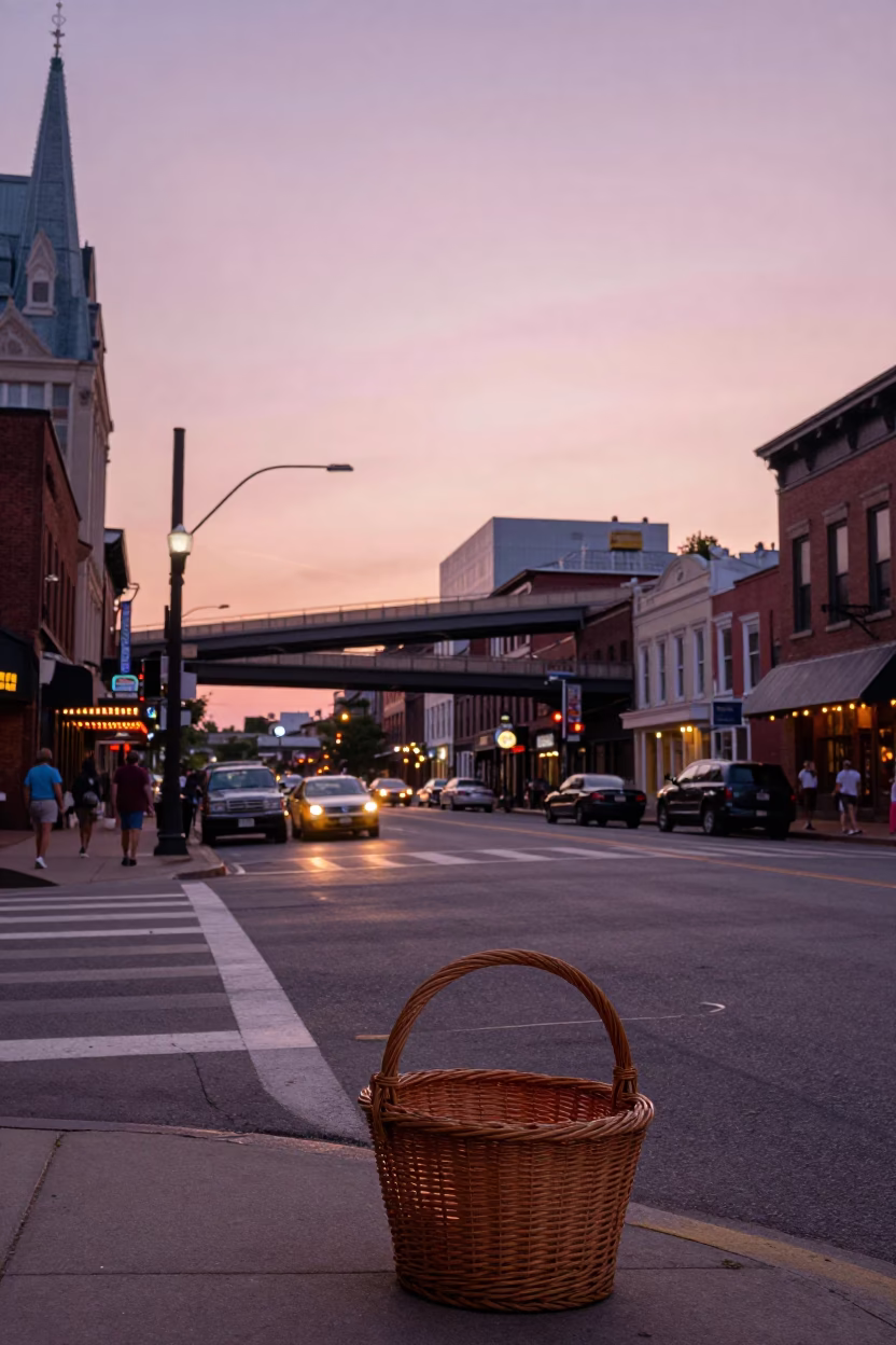 Vintage 1950s Nashville Street Scene with Wicker Basket at Sunset in in Nashville, Tennessee, United States