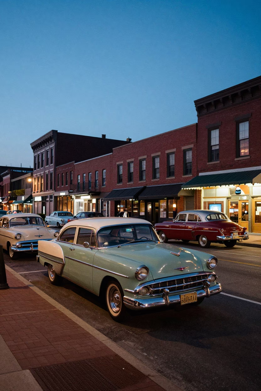 Vintage 1950s Nashville Tennessee Evening Street Scene with Classic Cars and Neon Signs in in Nashville, Tennessee, United States