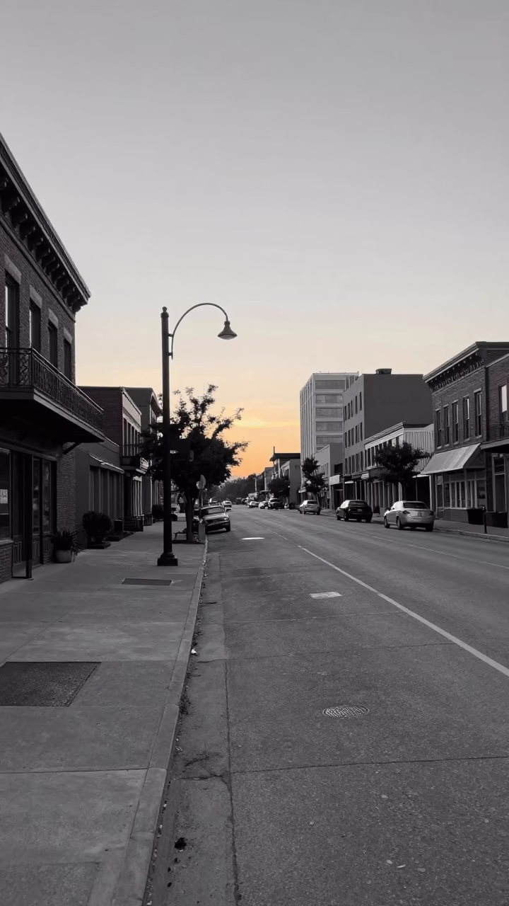 Vintage 1950s Nashville Tennessee Street Scene Before Sunrise with Concrete Apartment Blocks in in Nashville, Tennessee, United States