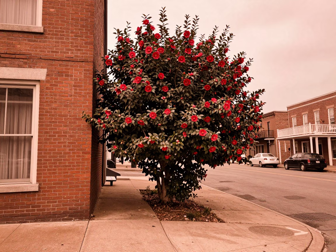 Vintage 1950s Nashville Tennessee street scene with camellia shrub in copper dusk light in in Nashville, Tennessee, United States