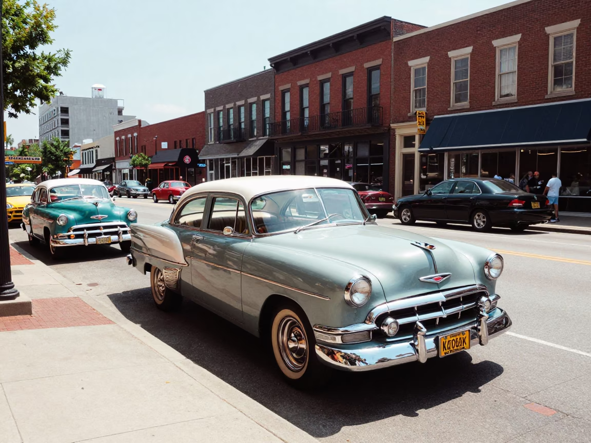 Vintage 1950s Nashville Tennessee Street Scene with Classic Cars and Midmorning Light in in Nashville, Tennessee, United States