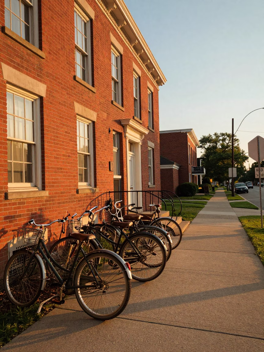 Vintage 1950s Nashville Tennessee Sunset Street Scene with Campus Bicycle Rack in in Nashville, Tennessee, United States
