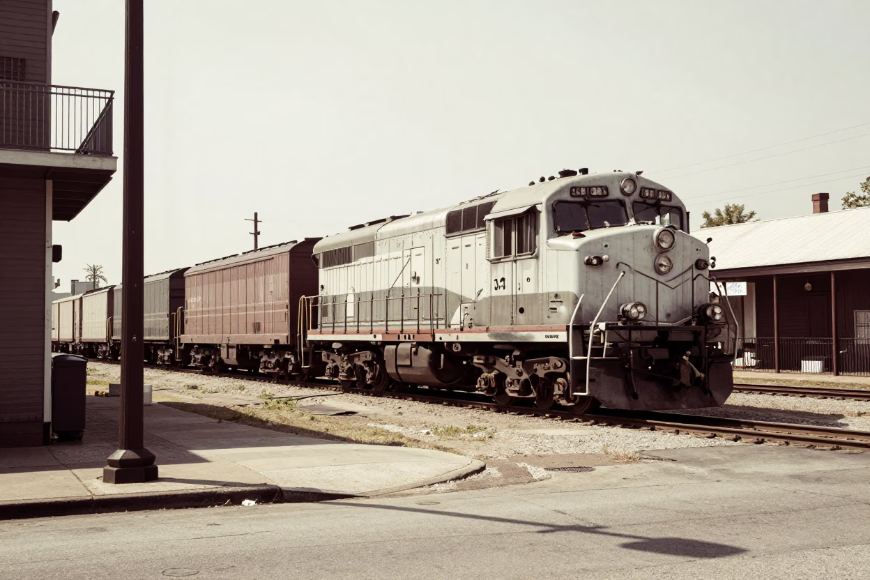 Vintage 1950s New Orleans Street Scene with Freight Train and Local Architecture in in New Orleans, Louisiana, United States