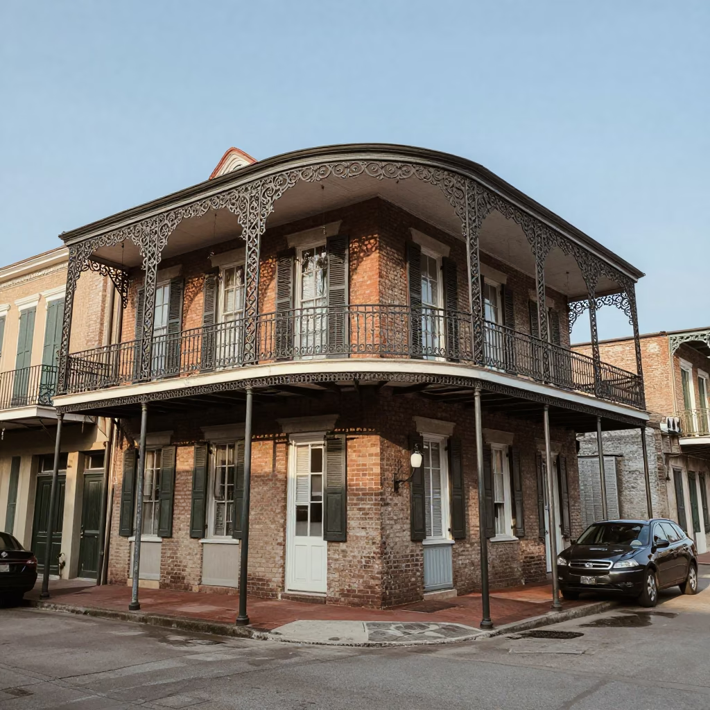 Vintage 1950s New Orleans Street Scene with Iron Balconies and Garden Shears in in New Orleans, Louisiana, United States