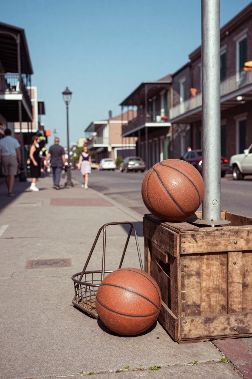 Vintage 1950s New Orleans Street Scene with Old Leather Basketball and Tool Caddy in in New Orleans, Louisiana, United States