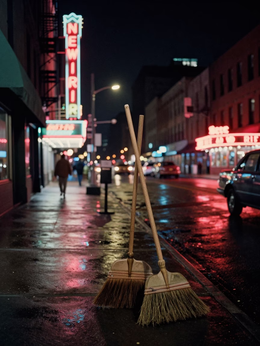 Vintage 1950s New York City Night Street Scene with Brooms and Urban Life in in New York, New York, United States