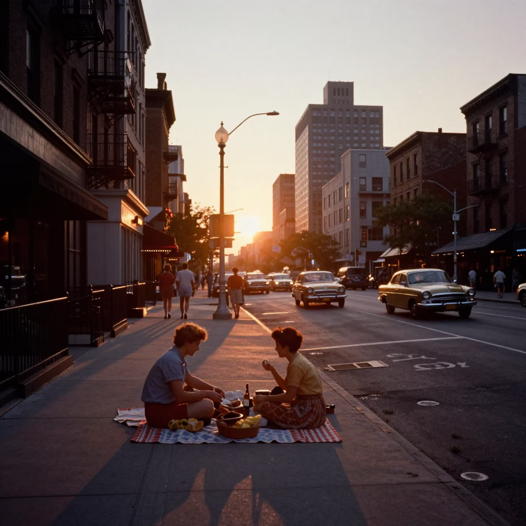 Vintage 1950s New York City Sunset Street Scene with Picnic Blanket and Clay Pot in in New York, New York, United States