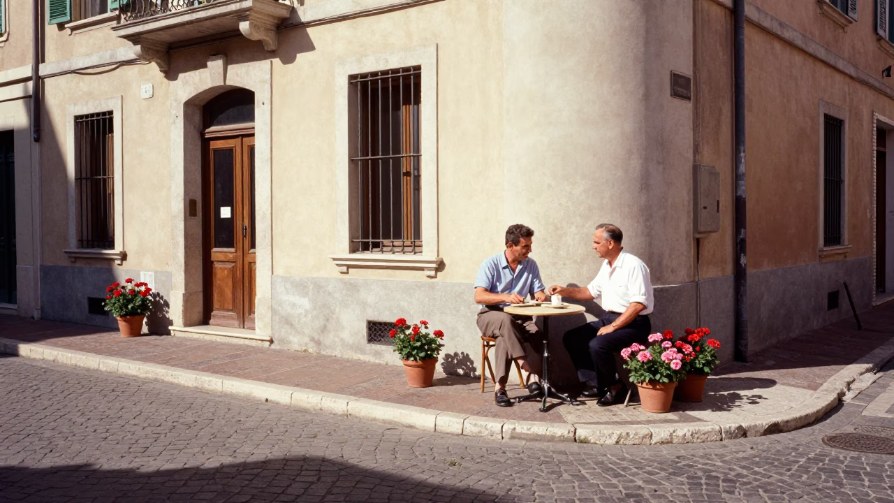 Vintage 1950s Nice France Afternoon Street Scene with Potted Geraniums in in Nice, France