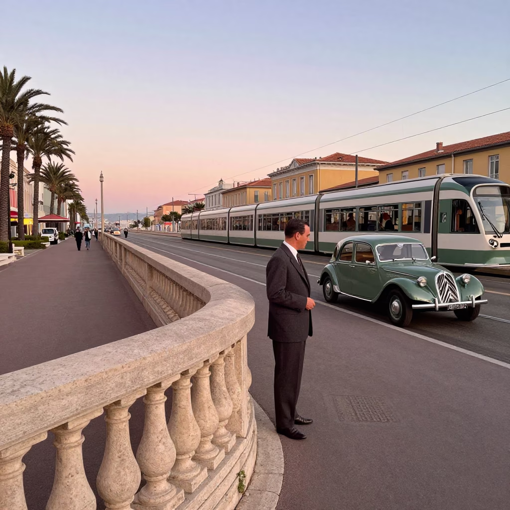 Vintage 1950s Nice France Dawn Street Scene with Monorail and Local Interaction in in Nice, France