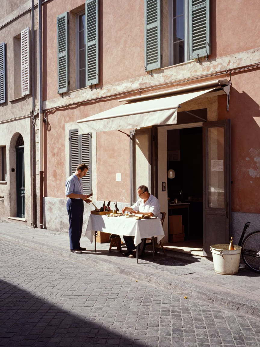 Vintage 1950s Nice France Midday Street Scene with Local Artisans and Tools in in Nice, France