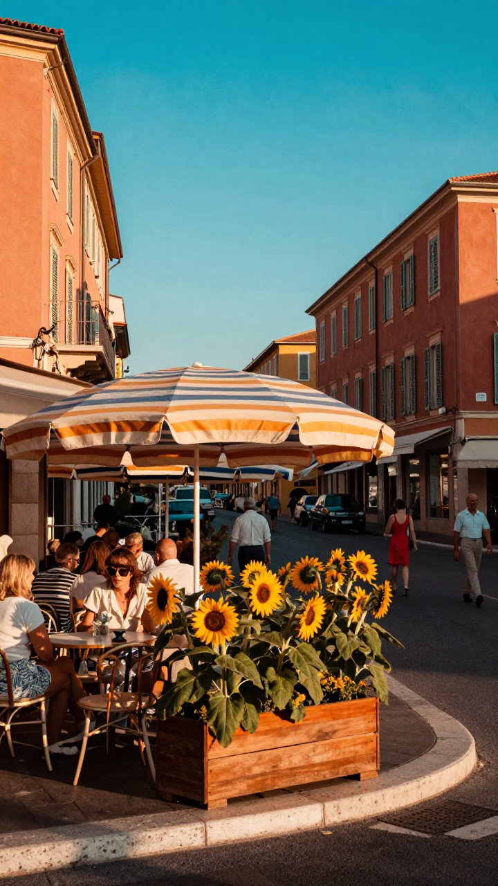 Vintage 1950s Nice Street Scene with Sunflowers and Umbrellas in in Nice, France