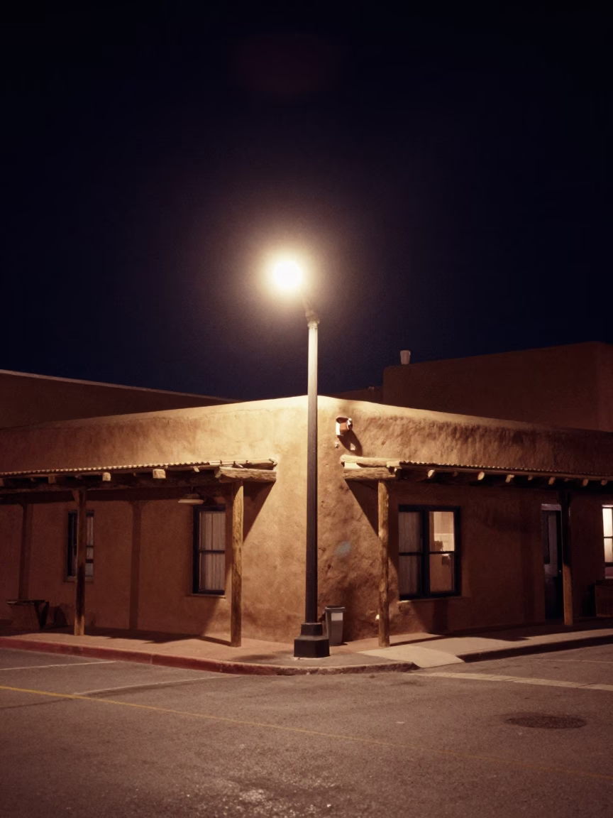 Vintage 1950s Night Scene in Santa Fe New Mexico with Streetlight Illumination in in Santa Fe, New Mexico, United States