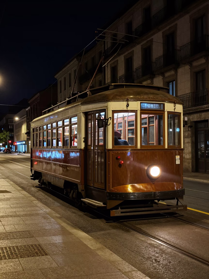 Vintage 1950s Night Street Scene in Bilbao Spain with Tramcar and Wicker Basket in in Bilbao, Spain