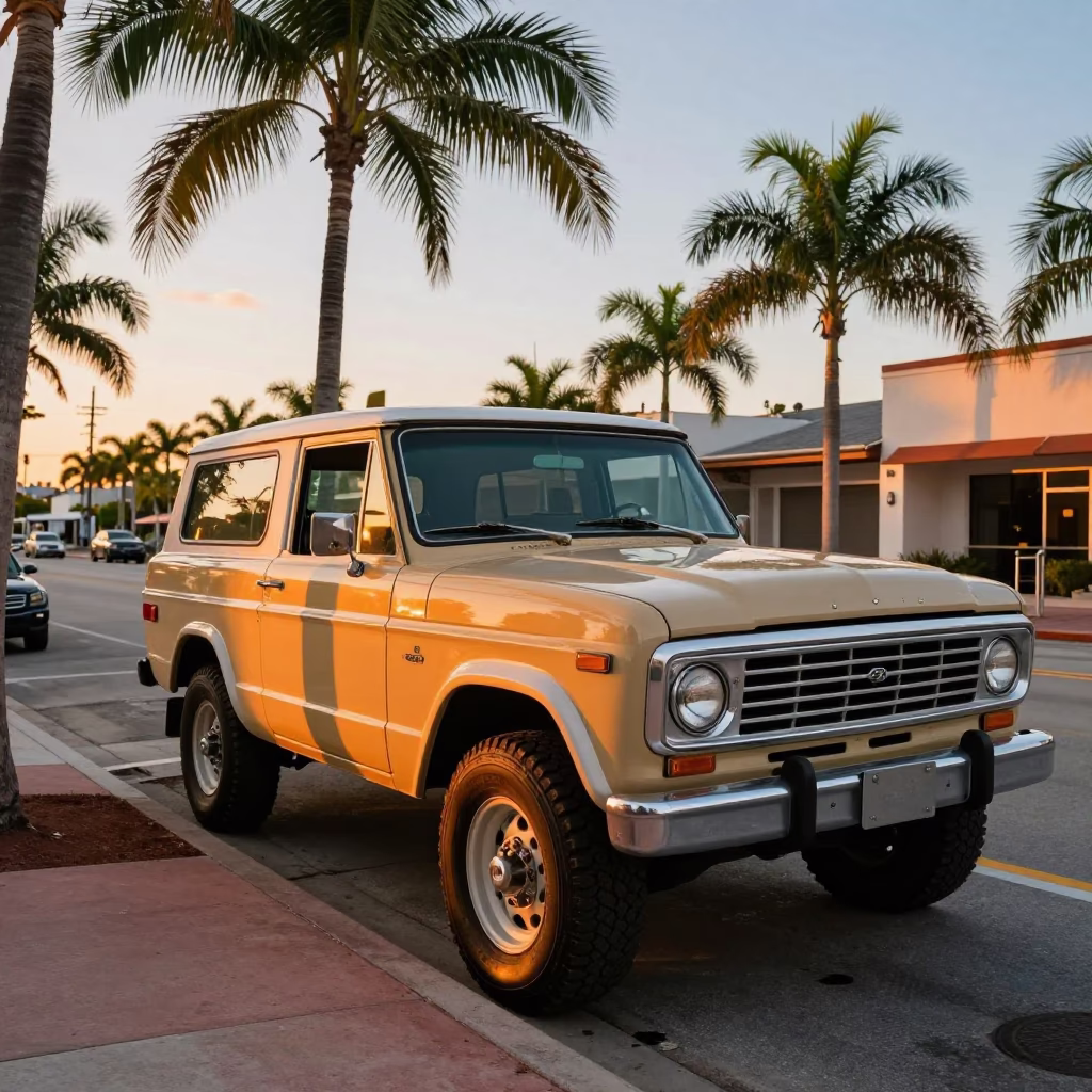 Vintage 1950s off-road SUV parked on Miami Florida street at sunset in in Miami, Florida, United States