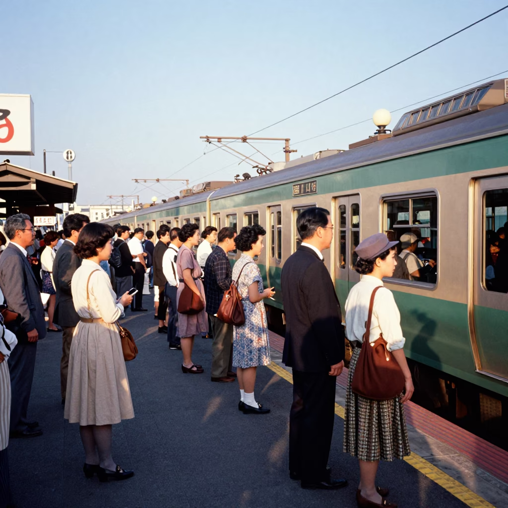 Vintage 1950s Osaka Japan Late Afternoon Commuter Train Platform Crowd Scene in in Osaka, Japan