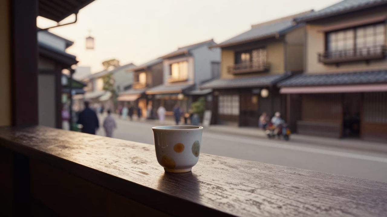 Vintage 1950s Osaka Morning Street Scene with Tea Stains and Local Life in in Osaka, Japan
