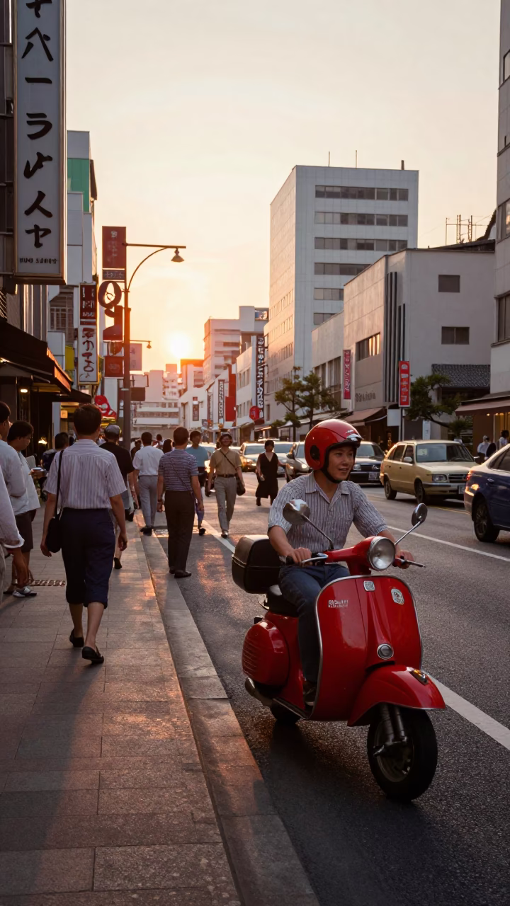 Vintage 1950s Osaka Street Scene at Sunset with Scooter and River Bridge Maintenance in in Osaka, Japan